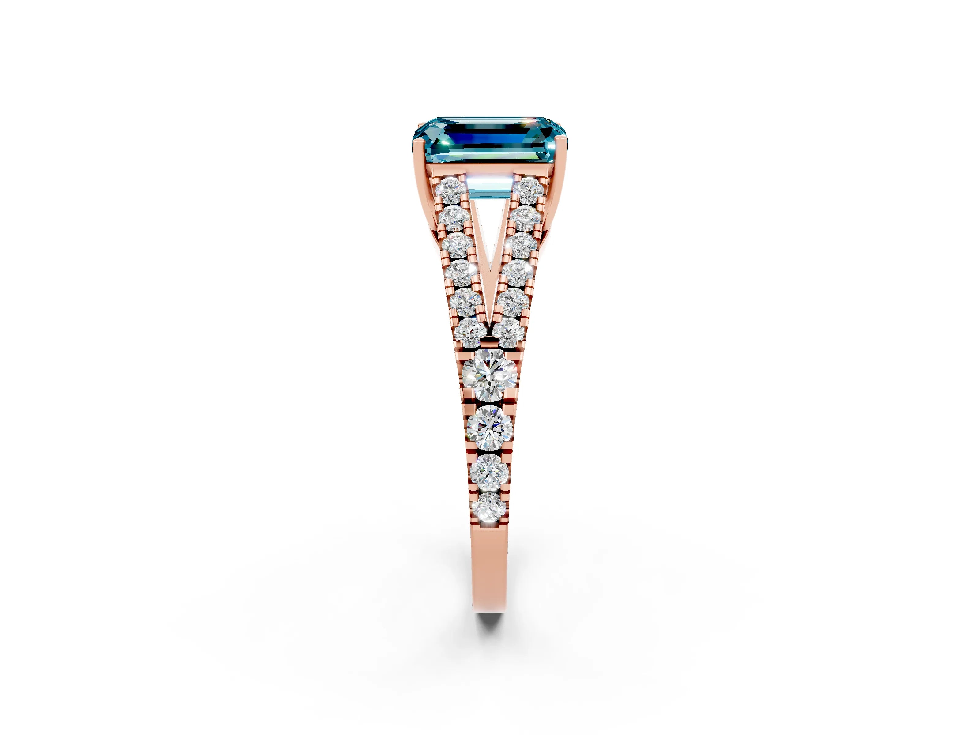 Rose gold Emerald Cut Blue Topaz Split Shank Pavé Engagement Ring with Four-Prong Setting_14