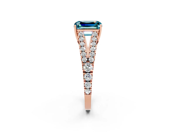 Rose gold Emerald Cut Blue Topaz Split Shank Pavé Engagement Ring with Four-Prong Setting