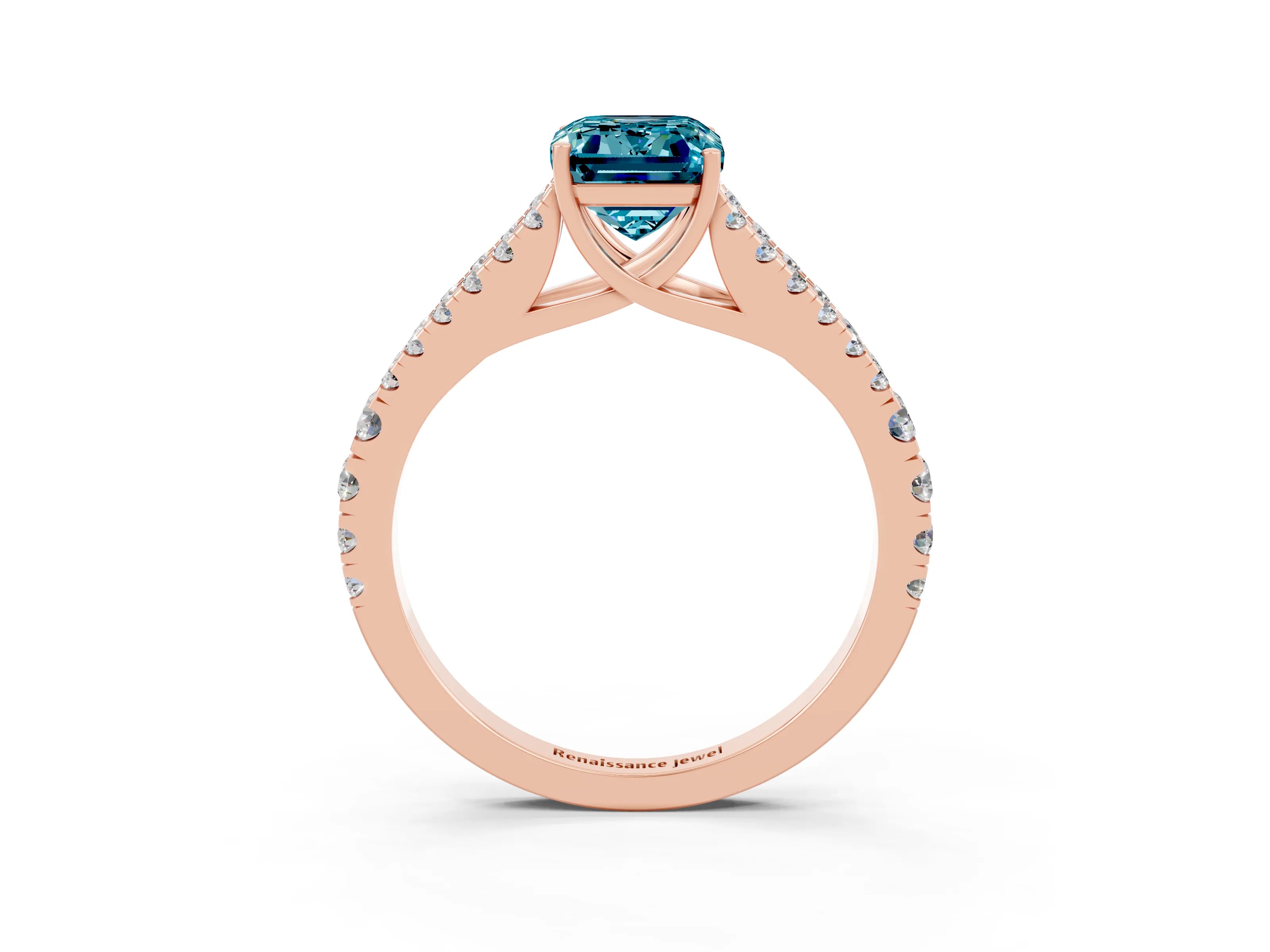 Rose gold Emerald Cut Blue Topaz Split Shank Pavé Engagement Ring with Four-Prong Setting_15