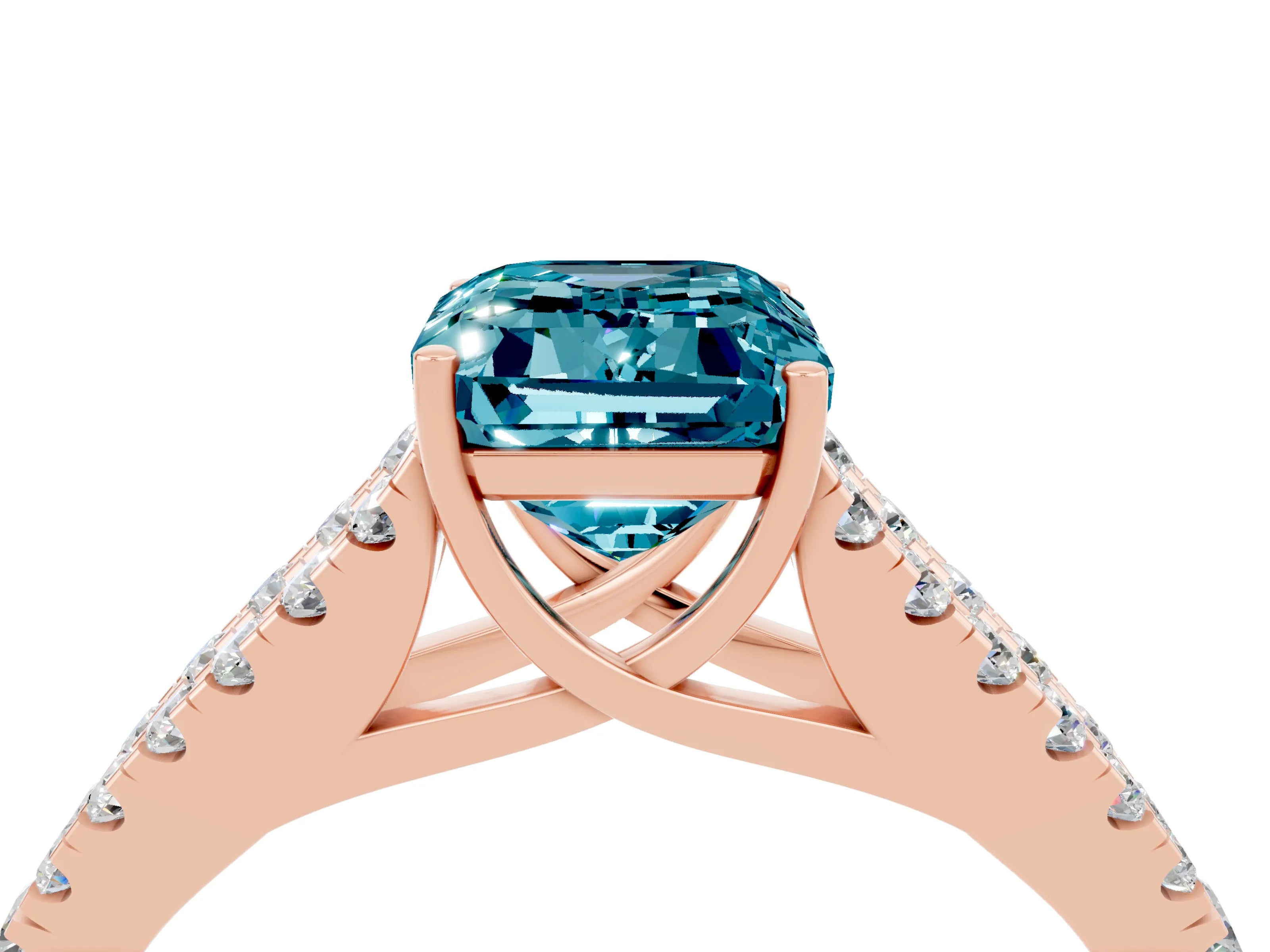 Rose gold Emerald Cut Blue Topaz Split Shank Pavé Engagement Ring with Four-Prong Setting_16