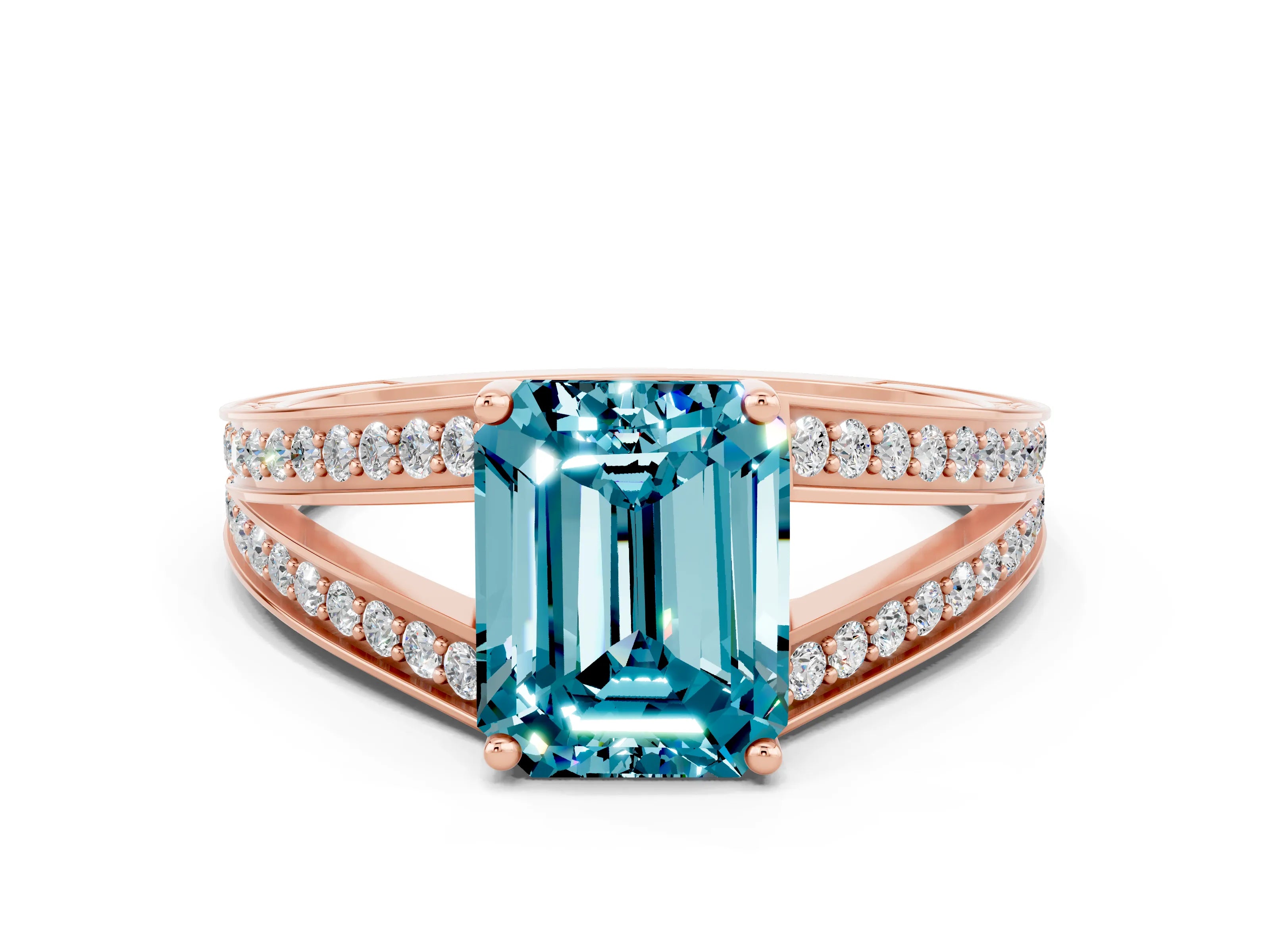 Rose gold Emerald Cut Blue Topaz Split Shank Ring with Pavé Band and Four-Prong Setting