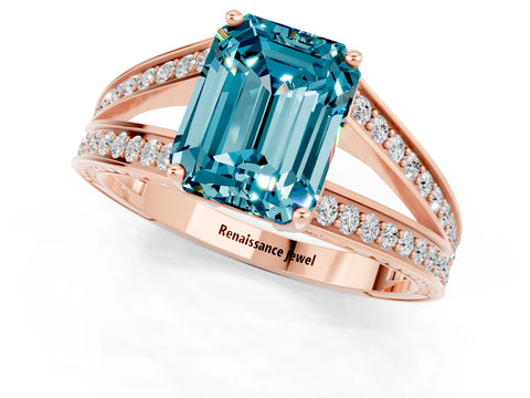 Rose gold Emerald Cut Blue Topaz Split Shank Ring with Pavé Band and Four-Prong Setting_1