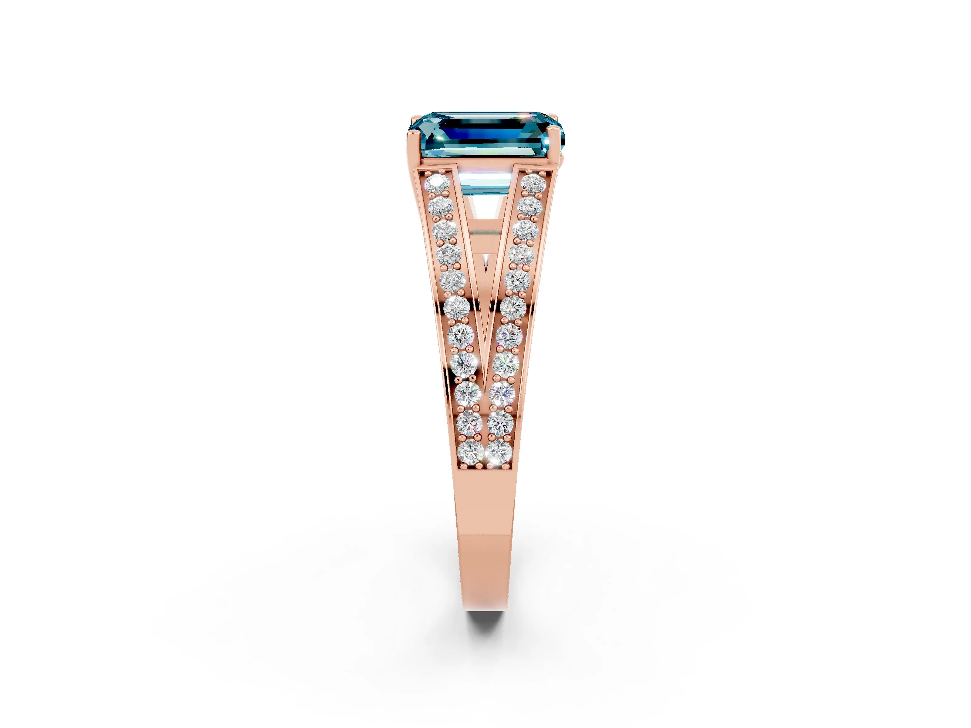 Rose gold Emerald Cut Blue Topaz Split Shank Ring with Pavé Band and Four-Prong Setting_2