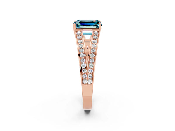 Rose gold Emerald Cut Blue Topaz Split Shank Ring with Pavé Band and Four-Prong Setting