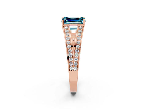 Rose gold Emerald Cut Blue Topaz Split Shank Ring with Pavé Band and Four-Prong Setting_2