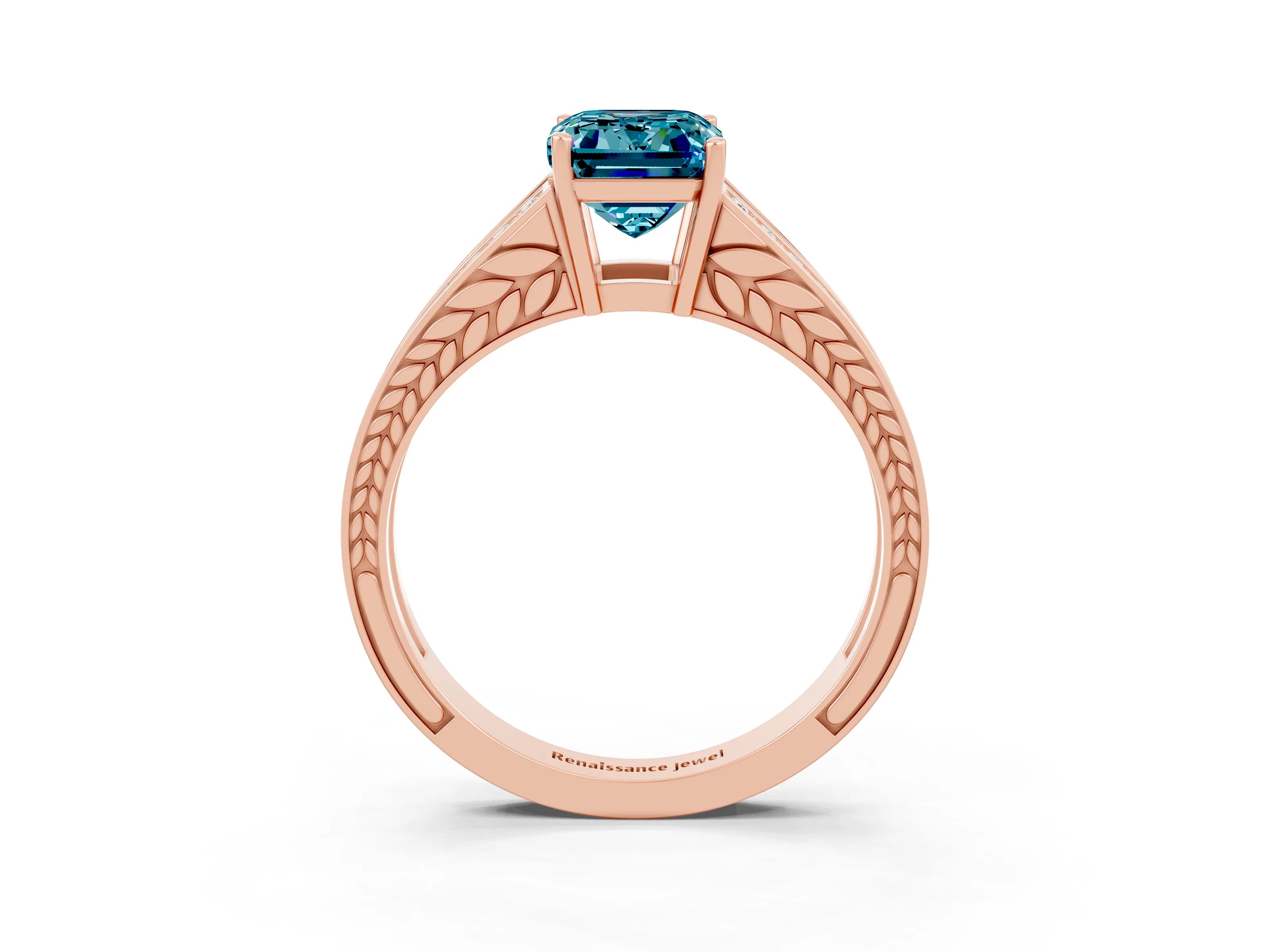 Rose gold Emerald Cut Blue Topaz Split Shank Ring with Pavé Band and Four-Prong Setting_3