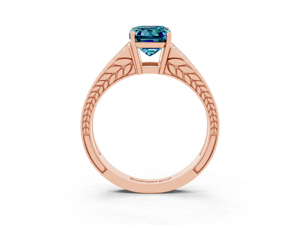 Rose gold Emerald Cut Blue Topaz Split Shank Ring with Pavé Band and Four-Prong Setting