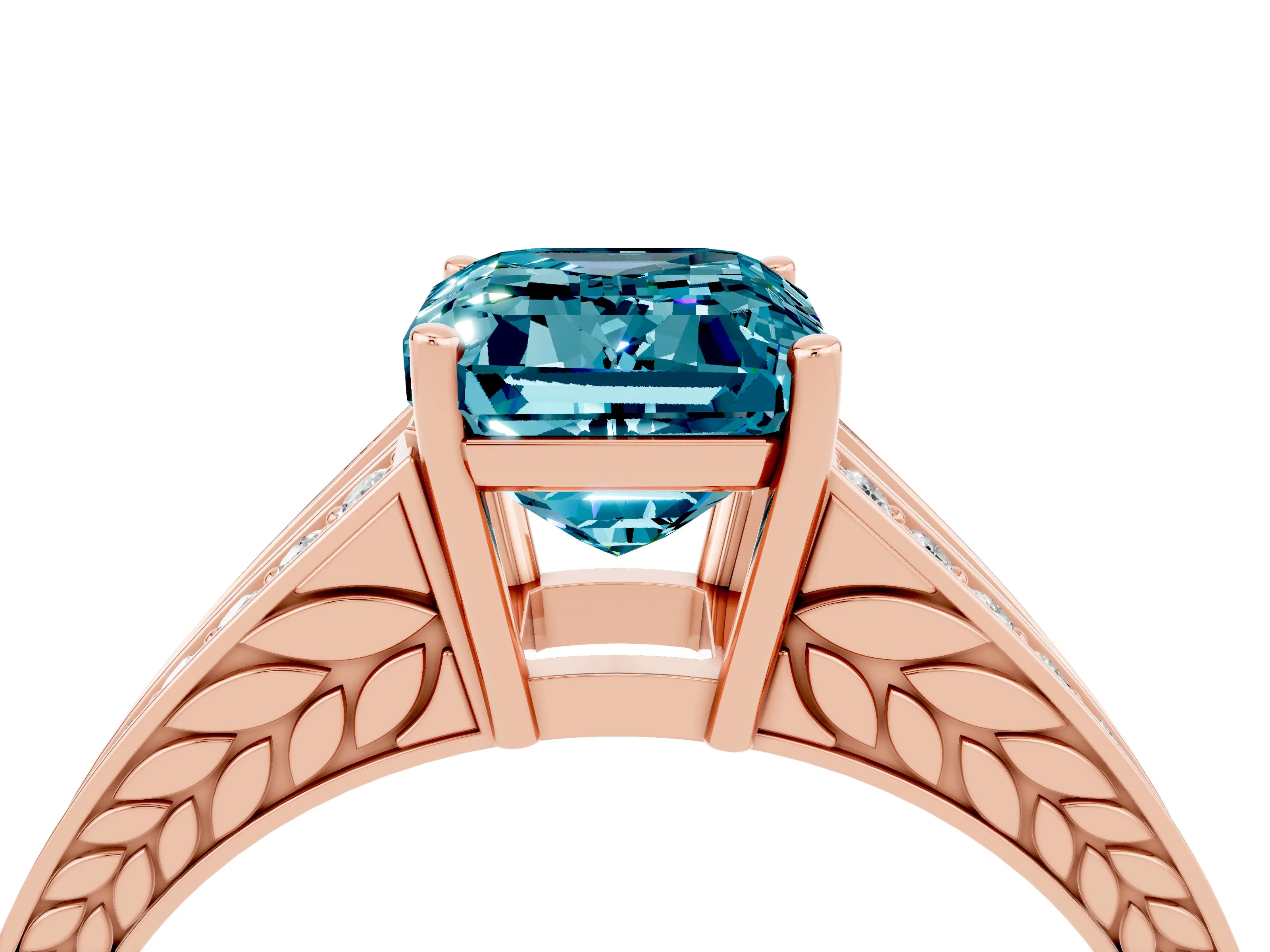 Rose gold Emerald Cut Blue Topaz Split Shank Ring with Pavé Band and Four-Prong Setting_4