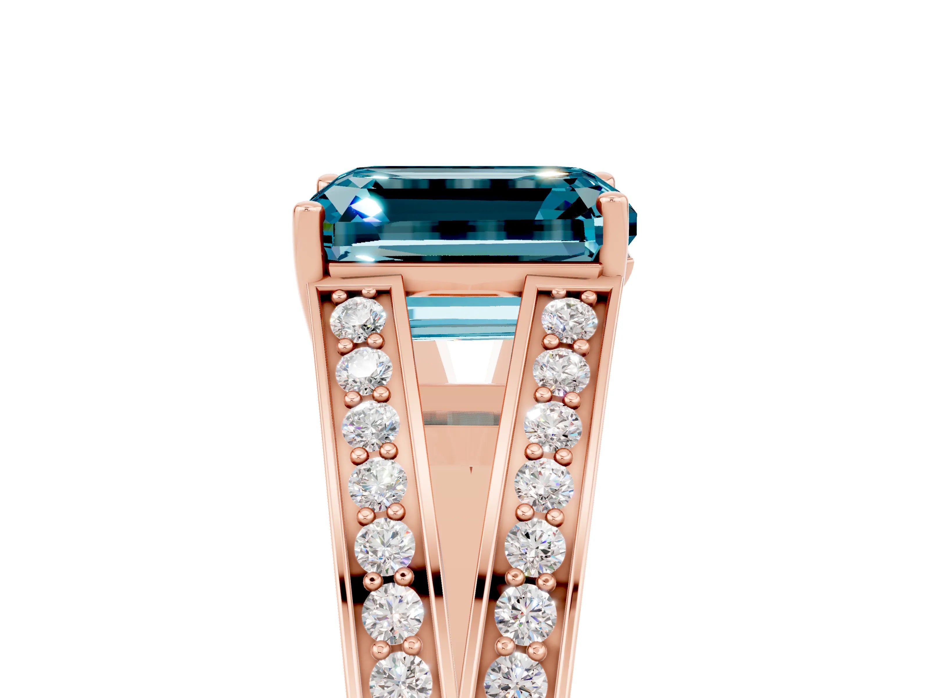 Rose gold Emerald Cut Blue Topaz Split Shank Ring with Pavé Band and Four-Prong Setting_5