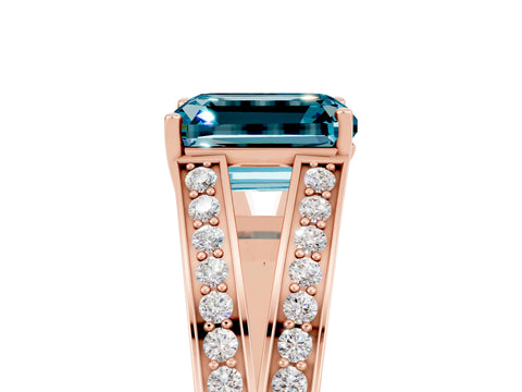 Rose gold Emerald Cut Blue Topaz Split Shank Ring with Pavé Band and Four-Prong Setting_5