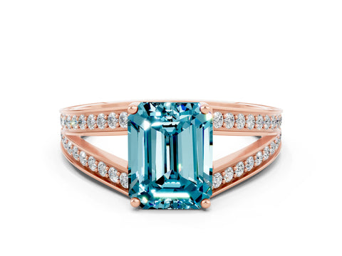 Rose gold Emerald Cut Blue Topaz Split Shank Ring with Pavé Band and Four-Prong Setting