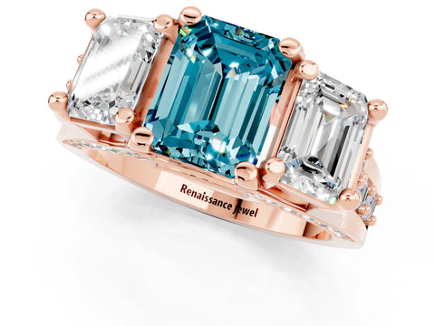 Rose gold Emerald Cut Blue Topaz Three-Stone Ring with Channel Set Band and Four-Prong Setting_1