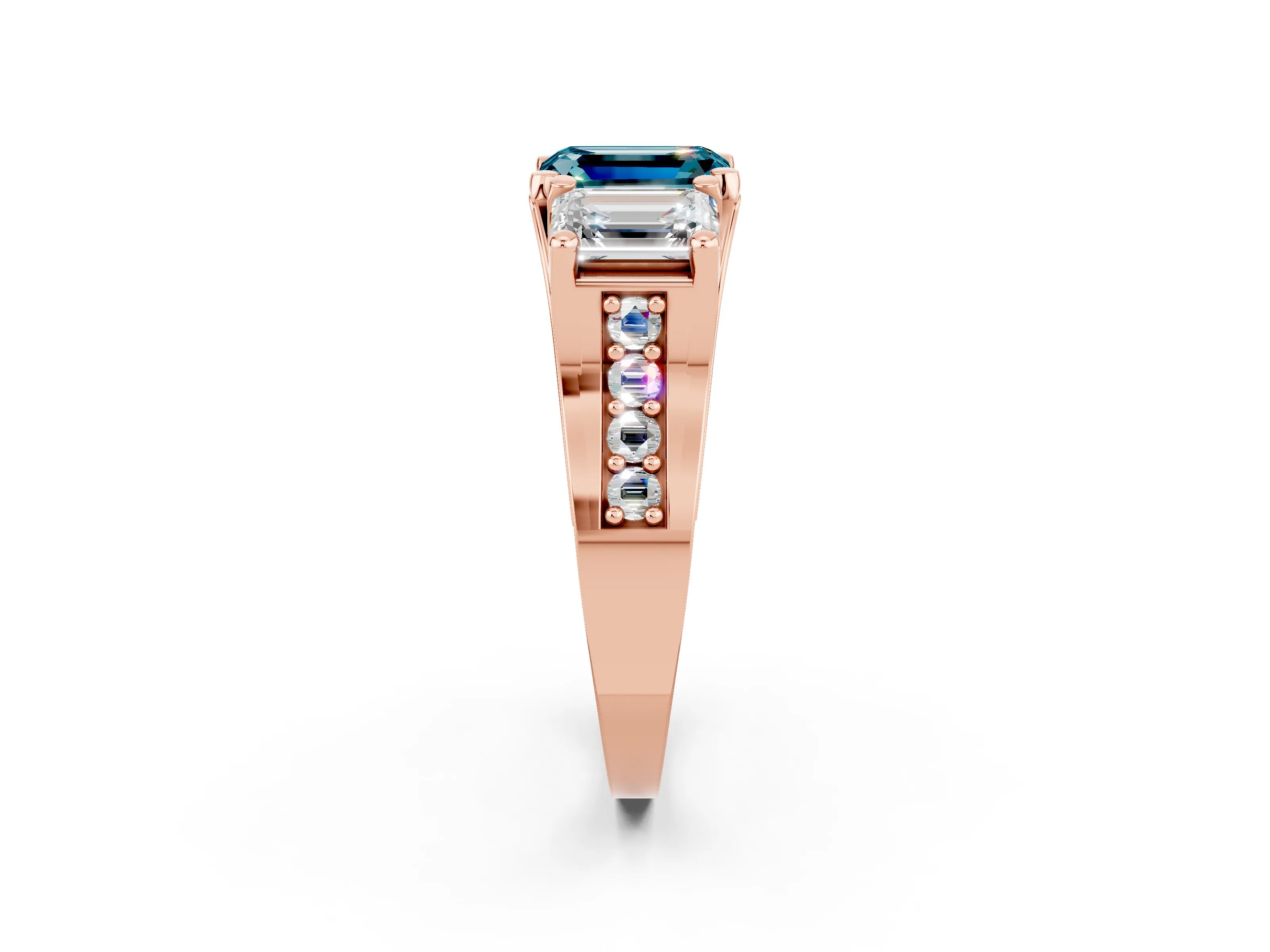 Rose gold Emerald Cut Blue Topaz Three-Stone Ring with Channel Set Band and Four-Prong Setting_2