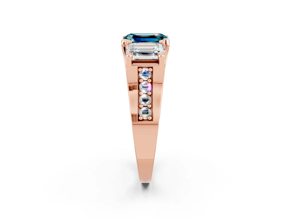Rose gold Emerald Cut Blue Topaz Three-Stone Ring with Channel Set Band and Four-Prong Setting