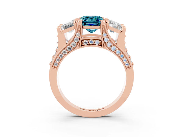 Rose gold Emerald Cut Blue Topaz Three-Stone Ring with Channel Set Band and Four-Prong Setting