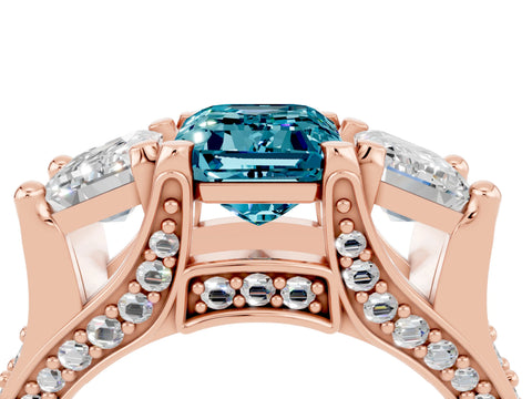 Rose gold Emerald Cut Blue Topaz Three-Stone Ring with Channel Set Band and Four-Prong Setting_4