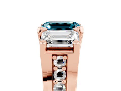 Rose gold Emerald Cut Blue Topaz Three-Stone Ring with Channel Set Band and Four-Prong Setting_5