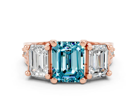 Rose gold Emerald Cut Blue Topaz Three-Stone Ring with Channel Set Band and Four-Prong Setting