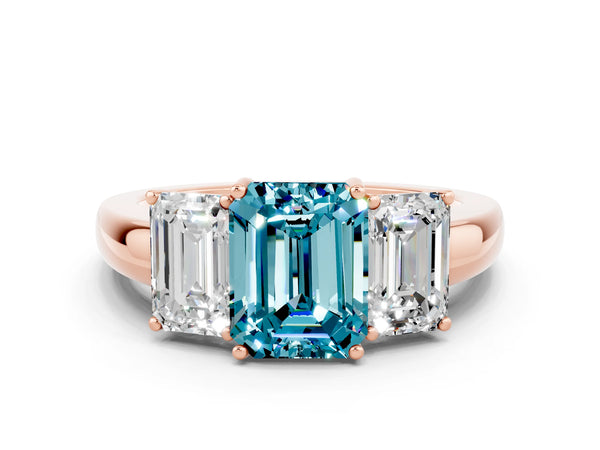 Rose gold Emerald Cut Blue Topaz Three-Stone Ring with Four-Prong Setting and Classic Band