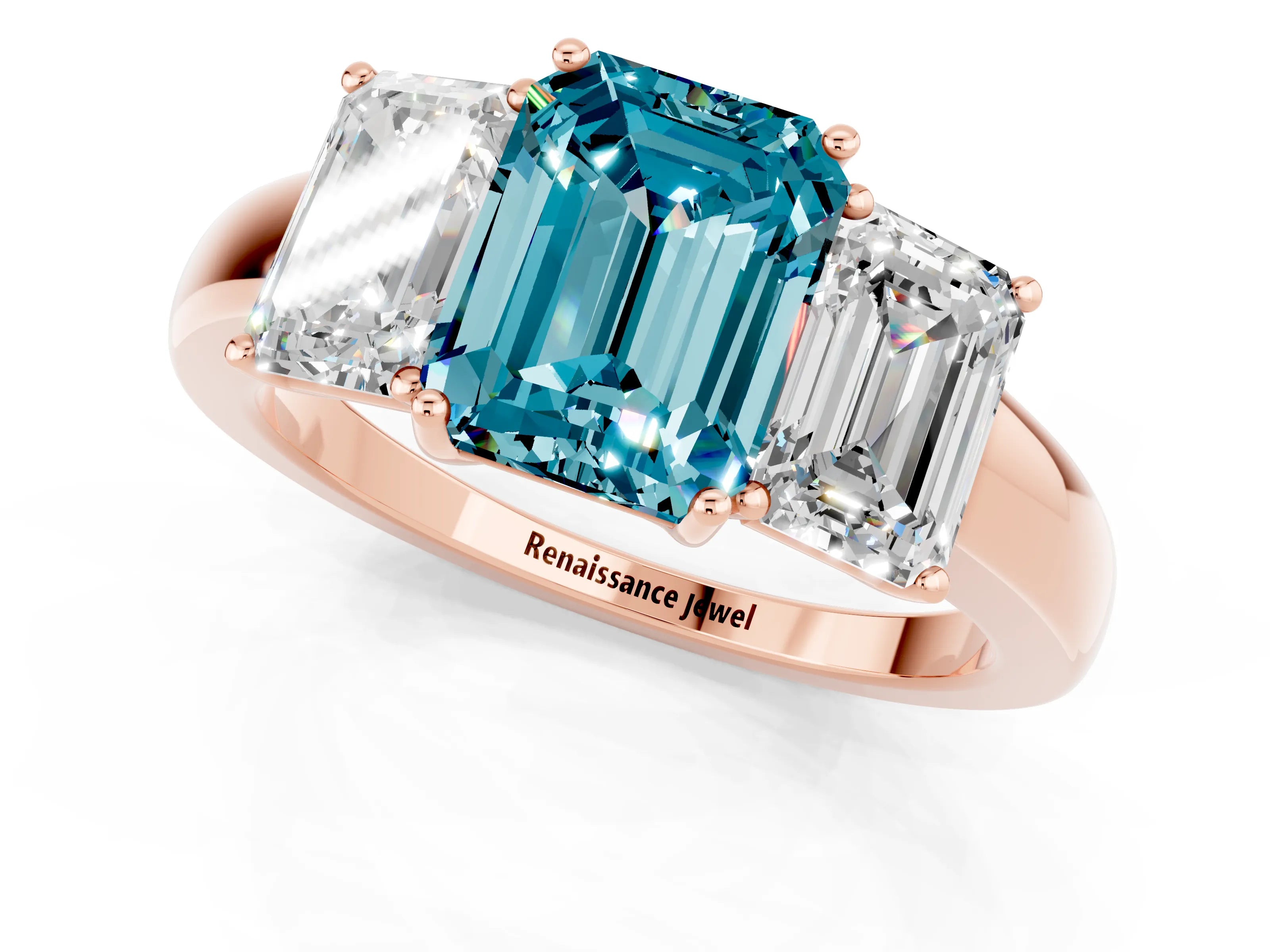 Rose gold Emerald Cut Blue Topaz Three-Stone Ring with Four-Prong Setting and Classic Band_1