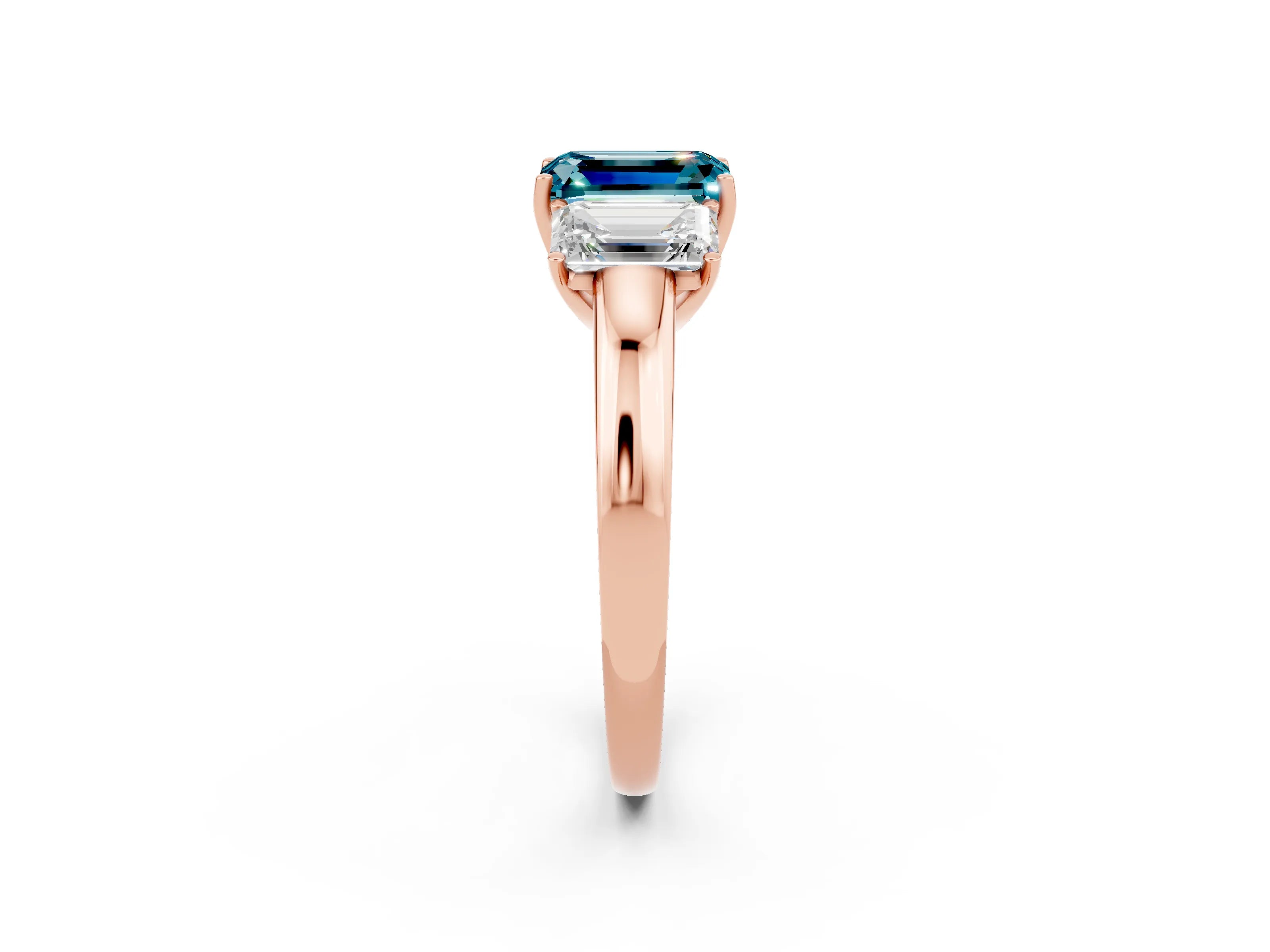 Rose gold Emerald Cut Blue Topaz Three-Stone Ring with Four-Prong Setting and Classic Band_2