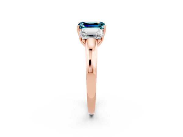 Rose gold Emerald Cut Blue Topaz Three-Stone Ring with Four-Prong Setting and Classic Band