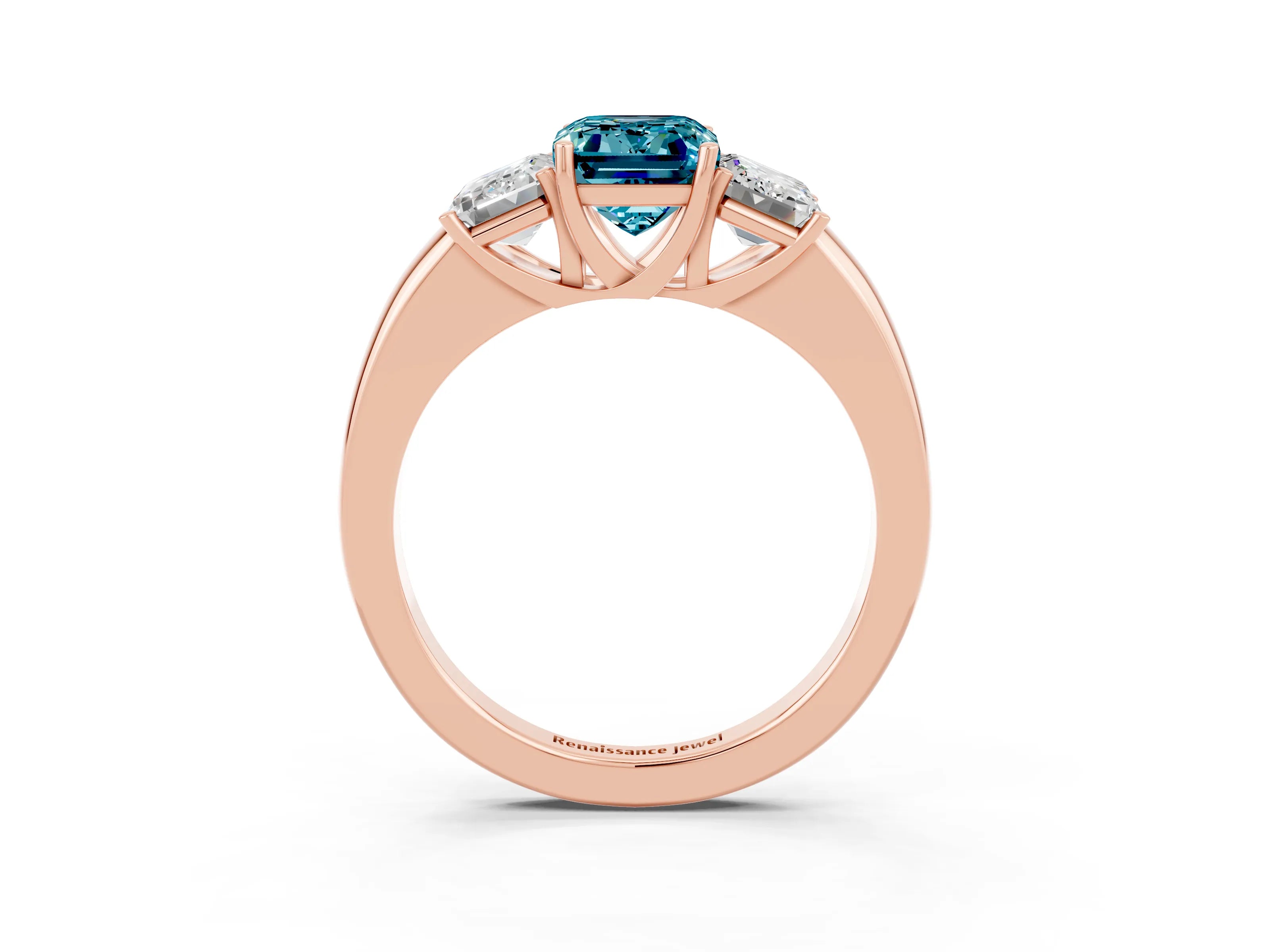 Rose gold Emerald Cut Blue Topaz Three-Stone Ring with Four-Prong Setting and Classic Band_3