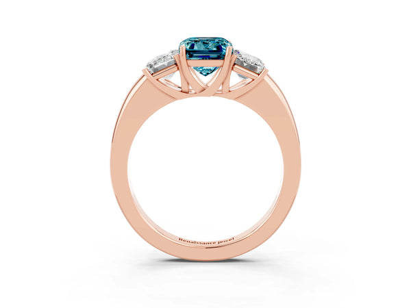 Rose gold Emerald Cut Blue Topaz Three-Stone Ring with Four-Prong Setting and Classic Band