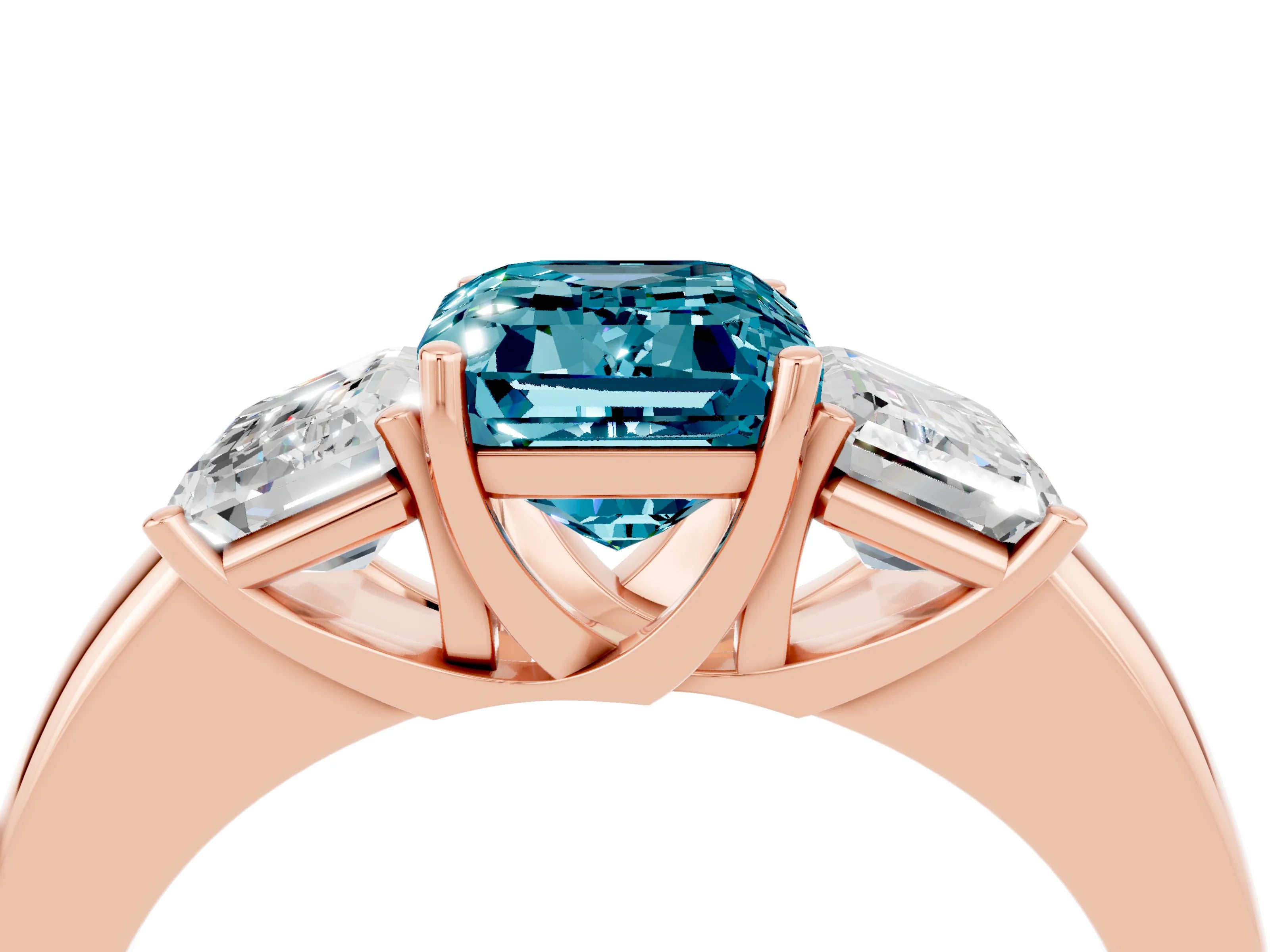 Rose gold Emerald Cut Blue Topaz Three-Stone Ring with Four-Prong Setting and Classic Band_4
