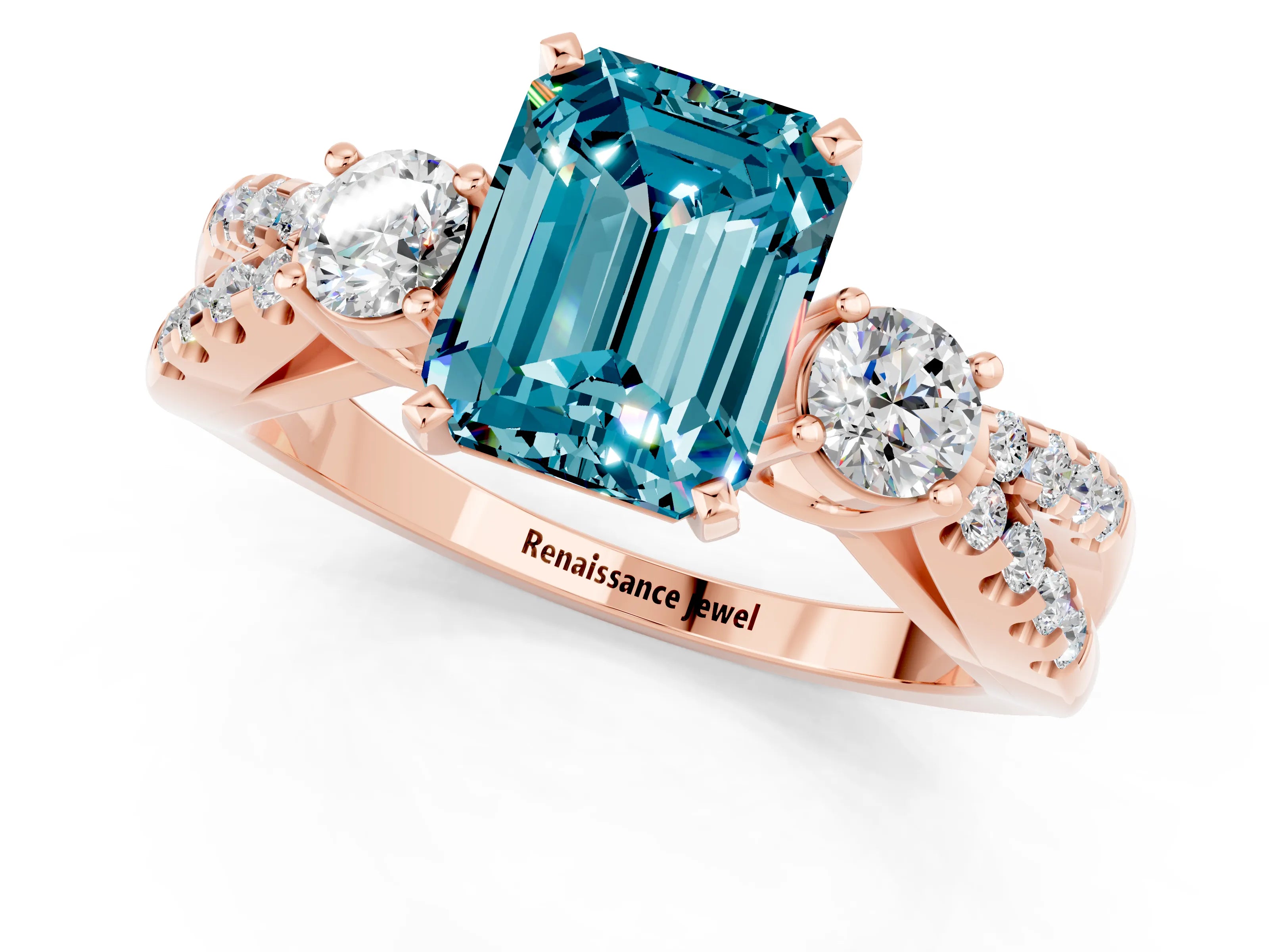 Rose gold Emerald Cut Blue Topaz Three-Stone Ring with Pavé Split Shank and Four-Prong Setting_1