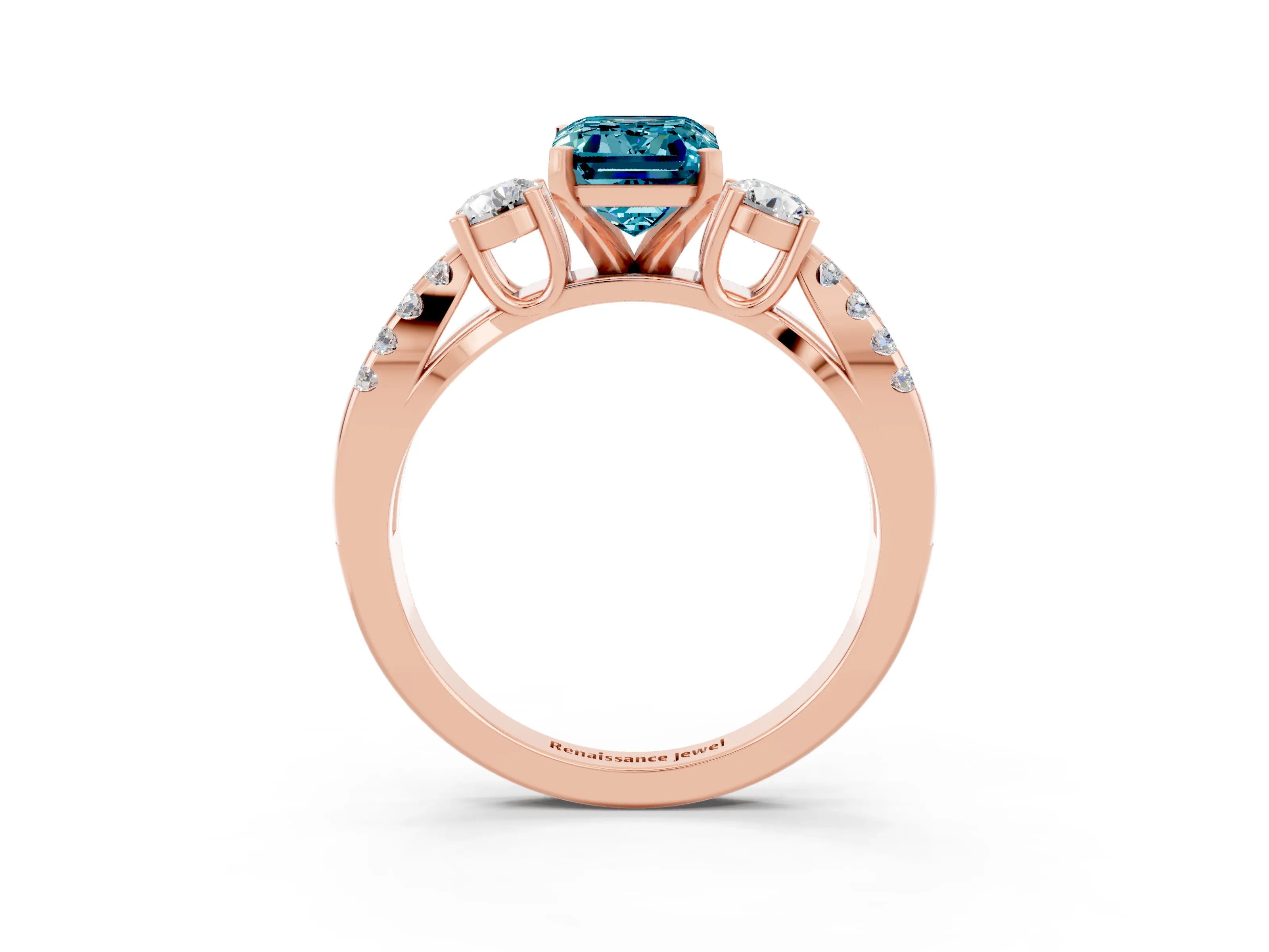 Rose gold Emerald Cut Blue Topaz Three-Stone Ring with Pavé Split Shank and Four-Prong Setting_3