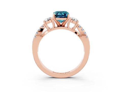 Rose gold Emerald Cut Blue Topaz Three-Stone Ring with Pavé Split Shank and Four-Prong Setting_3