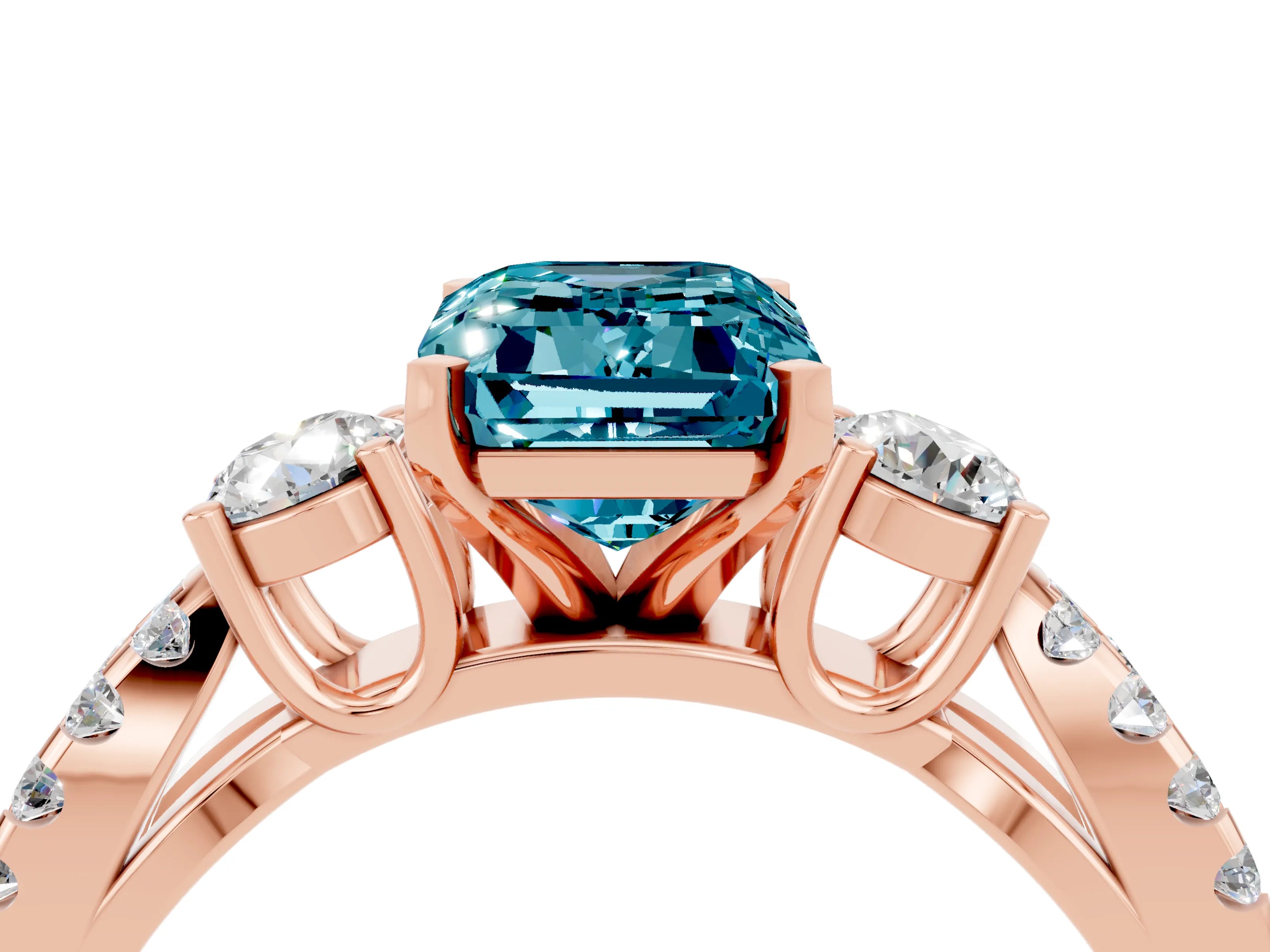 Rose gold Emerald Cut Blue Topaz Three-Stone Ring with Pavé Split Shank and Four-Prong Setting_4