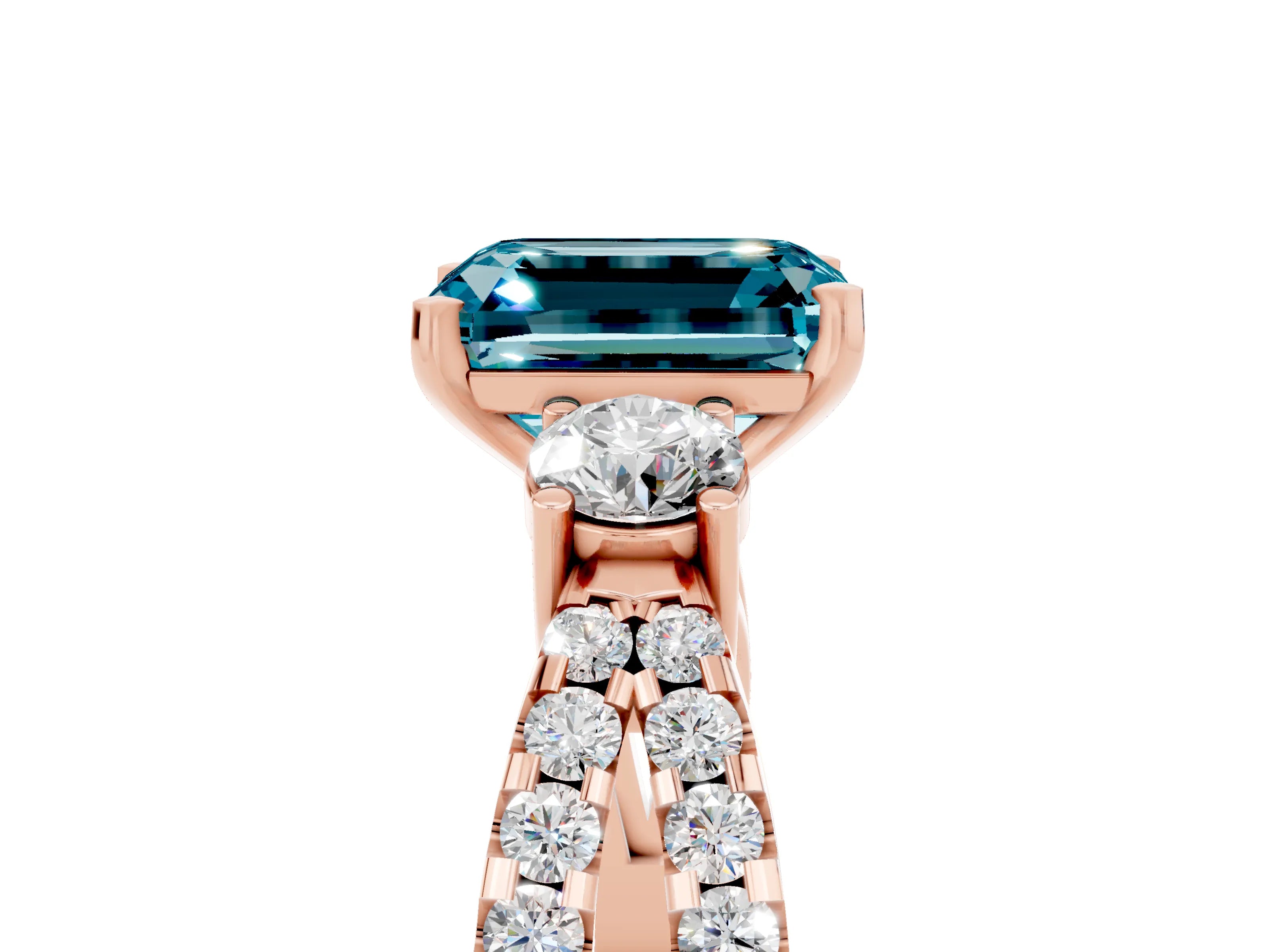 Rose gold Emerald Cut Blue Topaz Three-Stone Ring with Pavé Split Shank and Four-Prong Setting_5