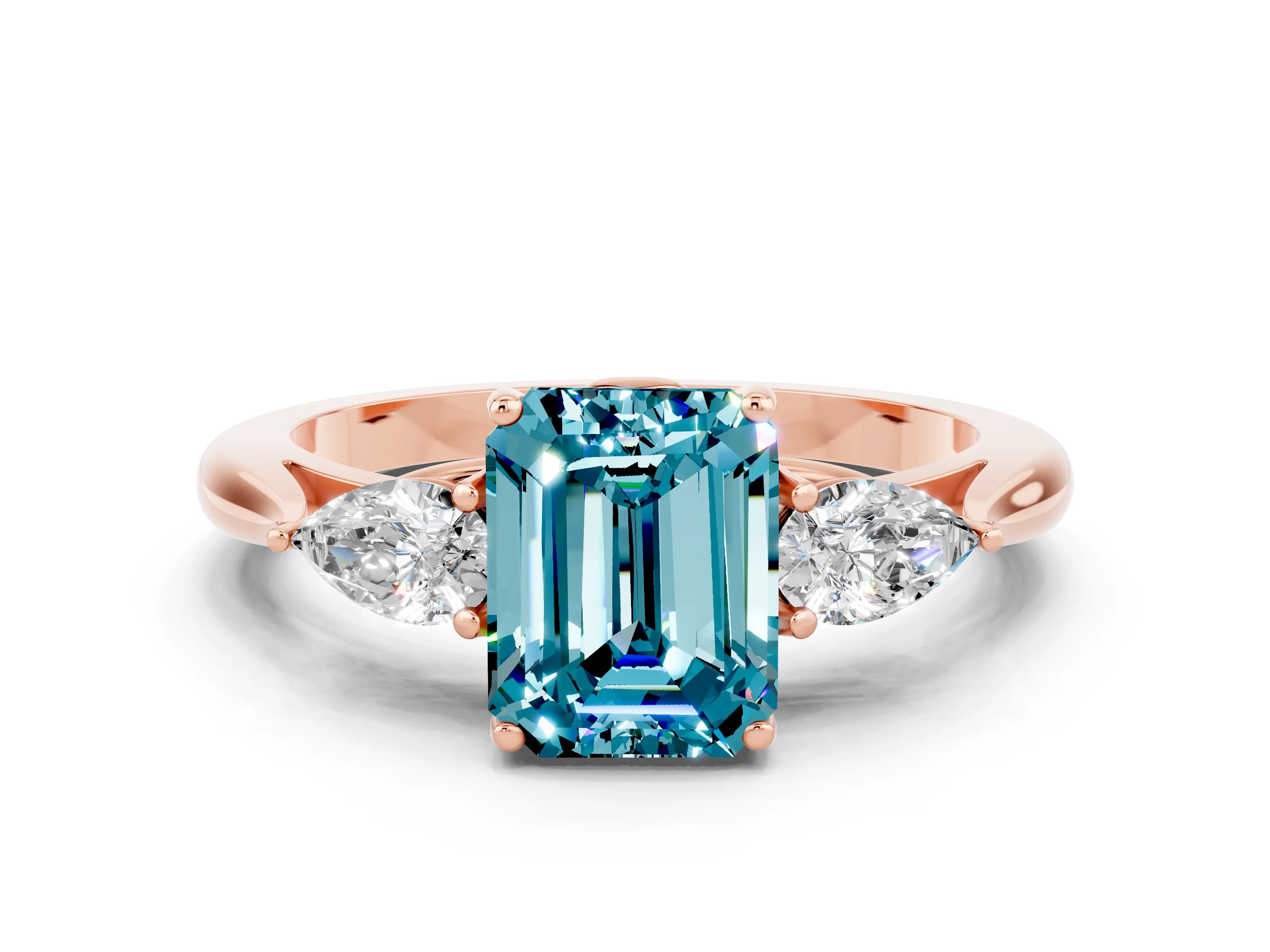 Rose gold Emerald Cut Blue Topaz Three-Stone Ring with Pear Side Stones and Four-Prong Setting_12