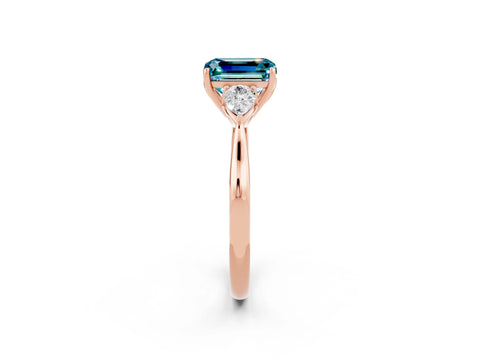 Rose gold Emerald Cut Blue Topaz Three-Stone Ring with Pear Side Stones and Four-Prong Setting_14