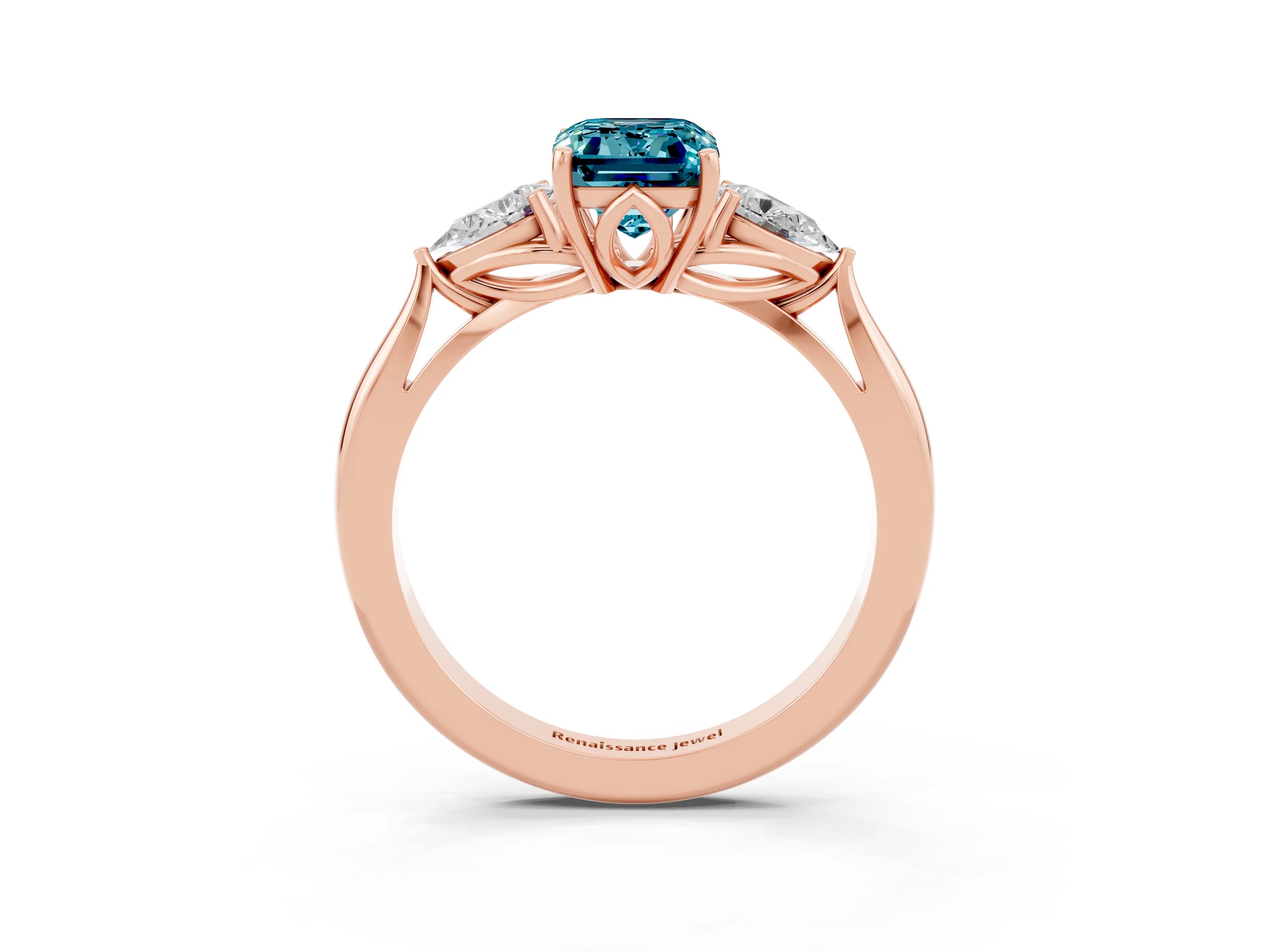 Rose gold Emerald Cut Blue Topaz Three-Stone Ring with Pear Side Stones and Four-Prong Setting_15