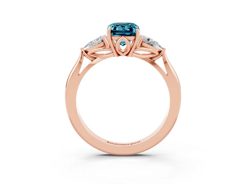 Rose gold Emerald Cut Blue Topaz Three-Stone Ring with Pear Side Stones and Four-Prong Setting_15