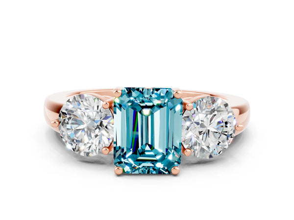 Rose gold Emerald Cut Blue Topaz Three-Stone Ring with Prong Setting and Classic Band