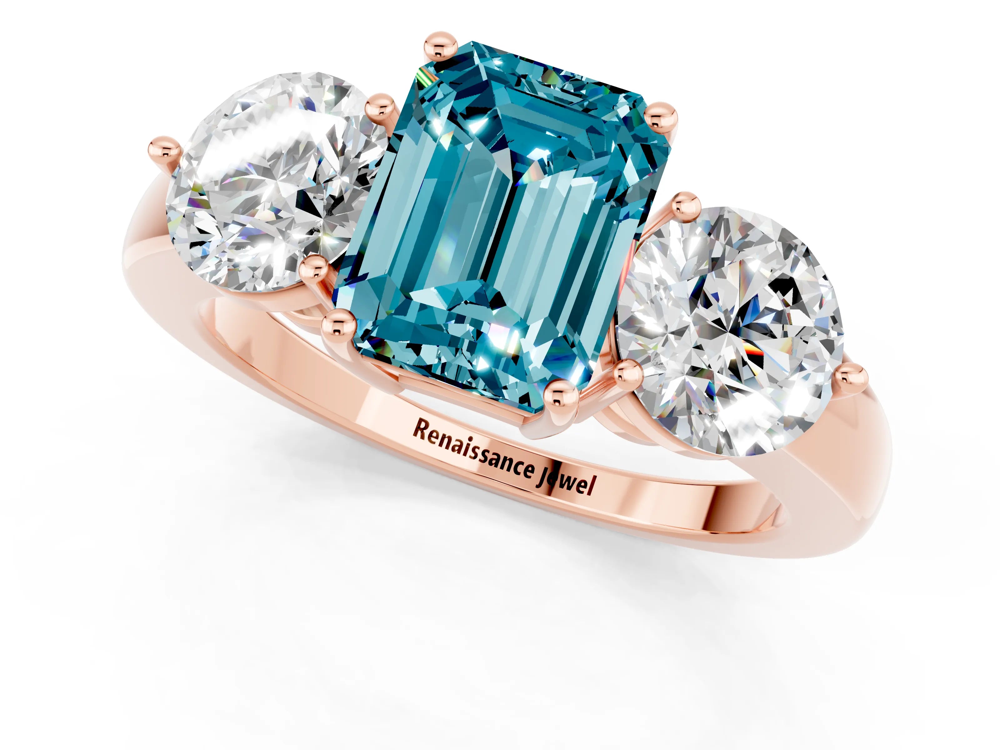 Rose gold Emerald Cut Blue Topaz Three-Stone Ring with Prong Setting and Classic Band_1