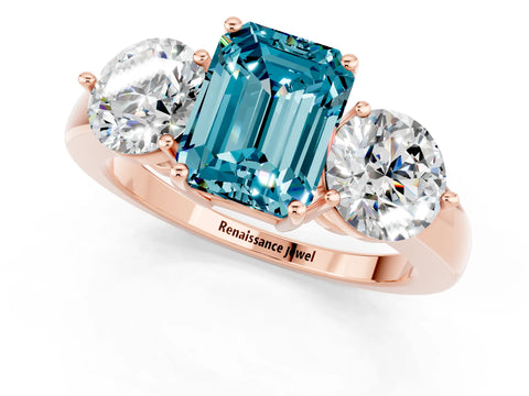 Rose gold Emerald Cut Blue Topaz Three-Stone Ring with Prong Setting and Classic Band_1