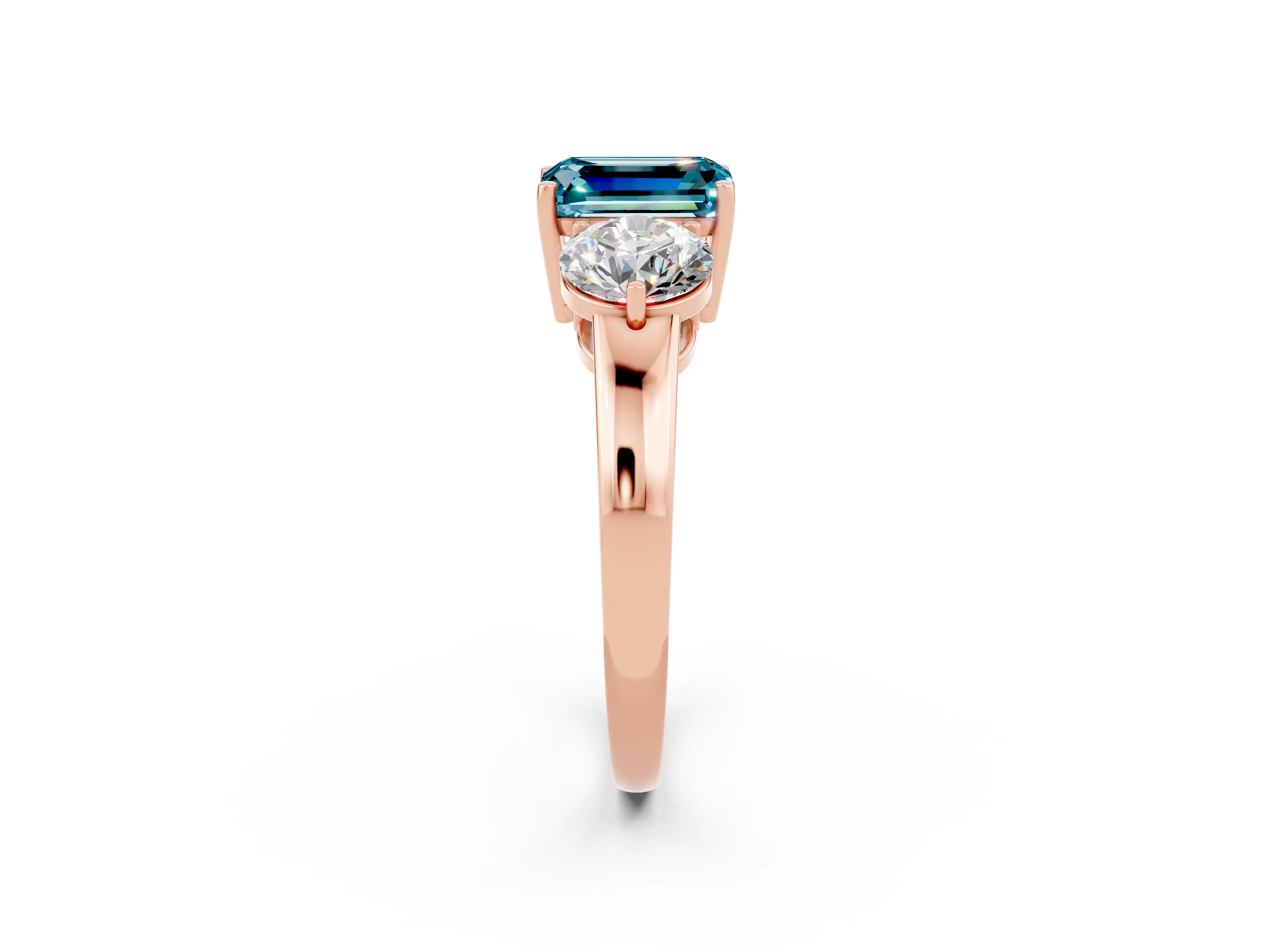 Rose gold Emerald Cut Blue Topaz Three-Stone Ring with Prong Setting and Classic Band_2