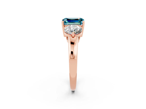 Rose gold Emerald Cut Blue Topaz Three-Stone Ring with Prong Setting and Classic Band