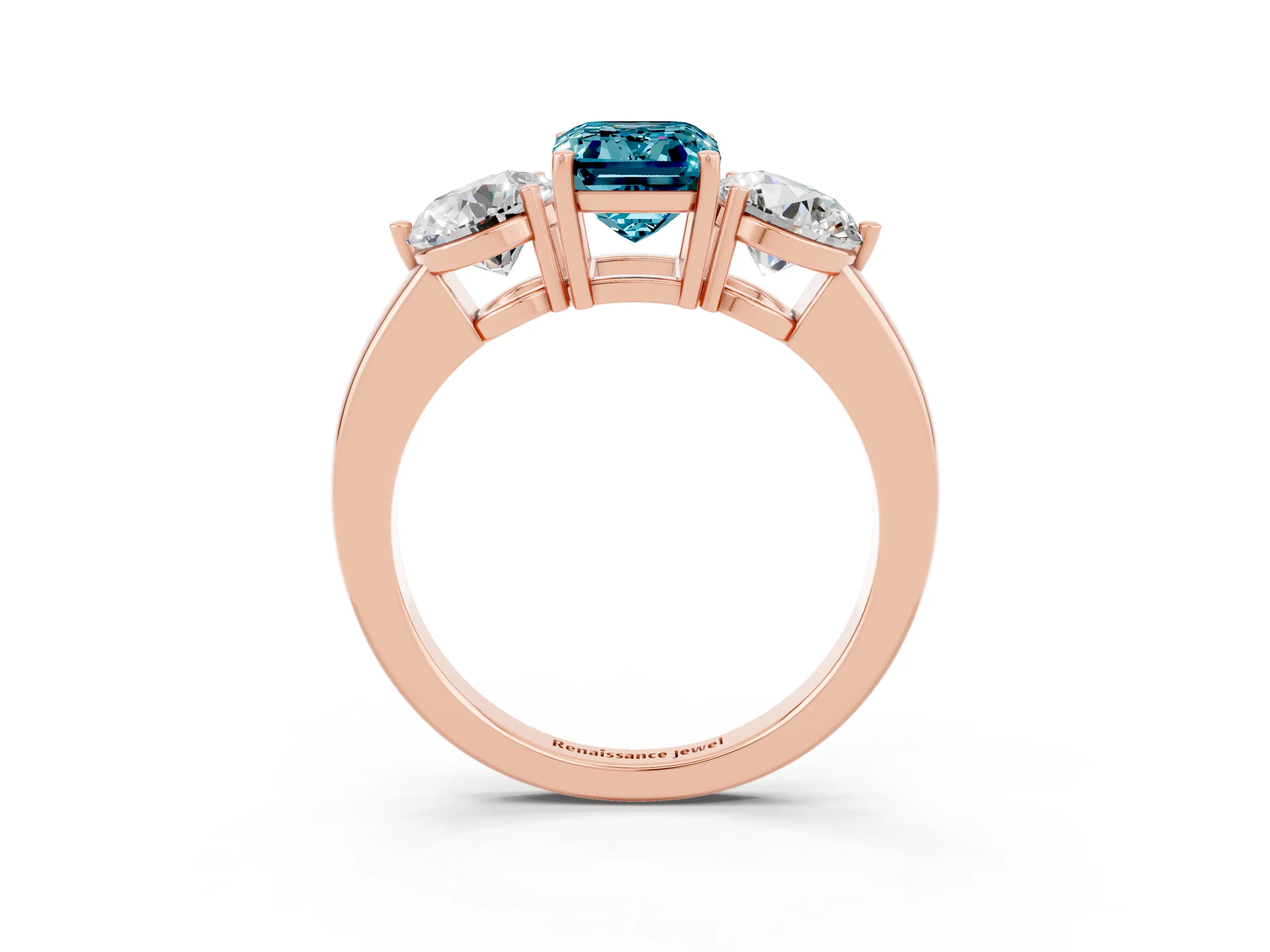 Rose gold Emerald Cut Blue Topaz Three-Stone Ring with Prong Setting and Classic Band_3
