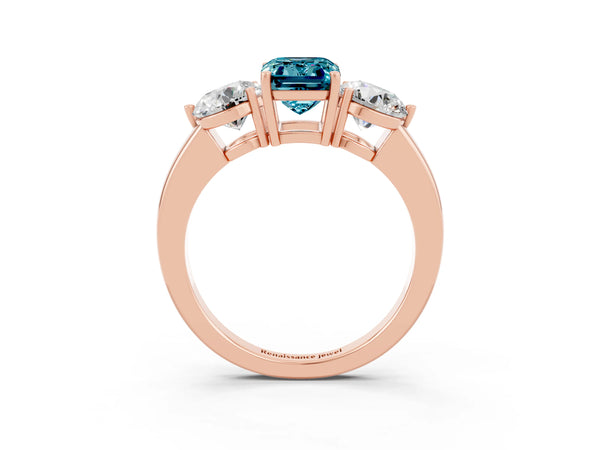 Rose gold Emerald Cut Blue Topaz Three-Stone Ring with Prong Setting and Classic Band