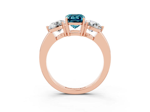 Rose gold Emerald Cut Blue Topaz Three-Stone Ring with Prong Setting and Classic Band_3
