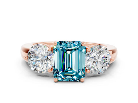 Rose gold Emerald Cut Blue Topaz Three-Stone Ring with Prong Setting and Classic Band