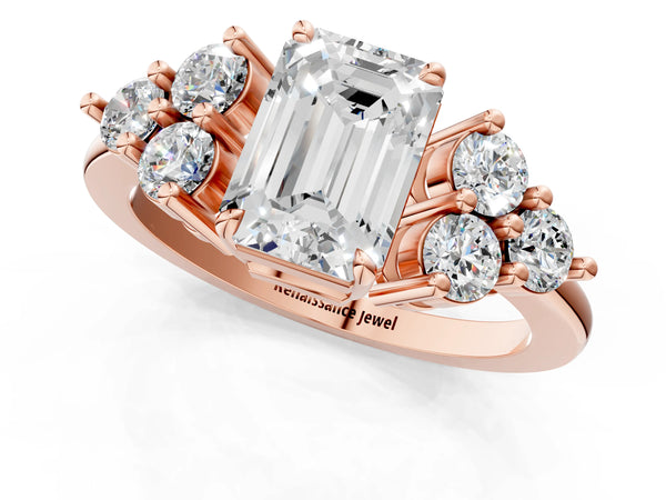 Rose gold Emerald Cut Brilliant Diamond Cluster Accent Solitaire Ring with Prong Setting