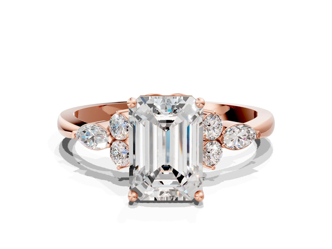 Rose gold Emerald Cut Brilliant Diamond Solitaire Ring with Pear Side Stones and Four-Prong Setting_3
