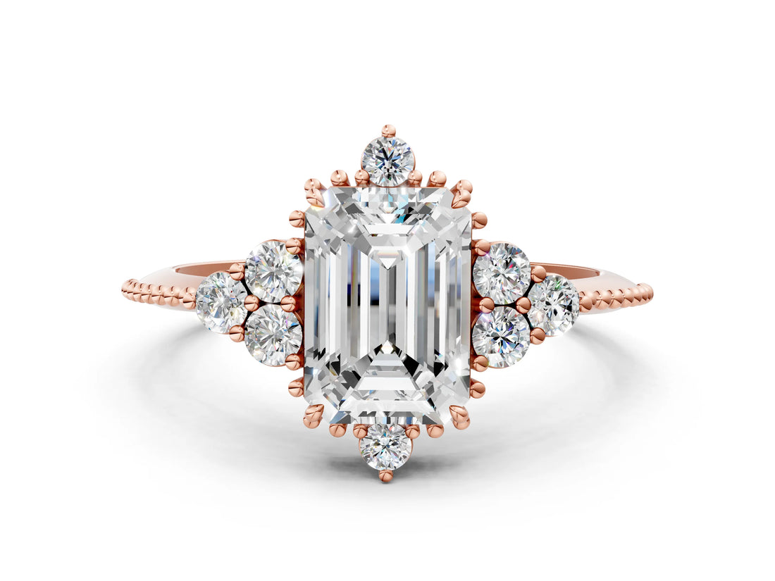 Rose gold Emerald Cut Brilliant Diamond with Cluster Setting on a Beaded Band and Four-Prong Setting_27